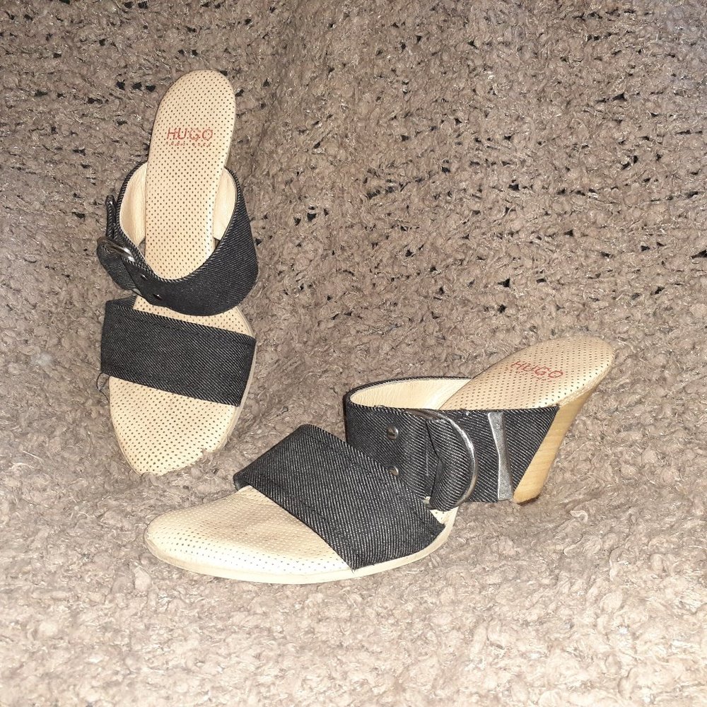 BOSS-Hugo Boss-Black Denim Mules-Buckle Detail-Wood Wedge